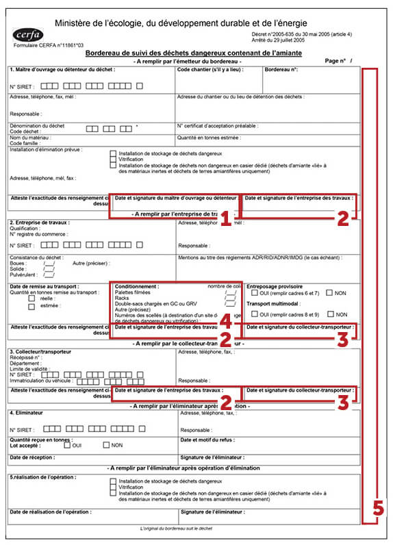 Bordereau de Suivi des Déchets Dangereux contenant de l’amiante Bordereau de suivi des déchets dangereux contenant de l'amiante