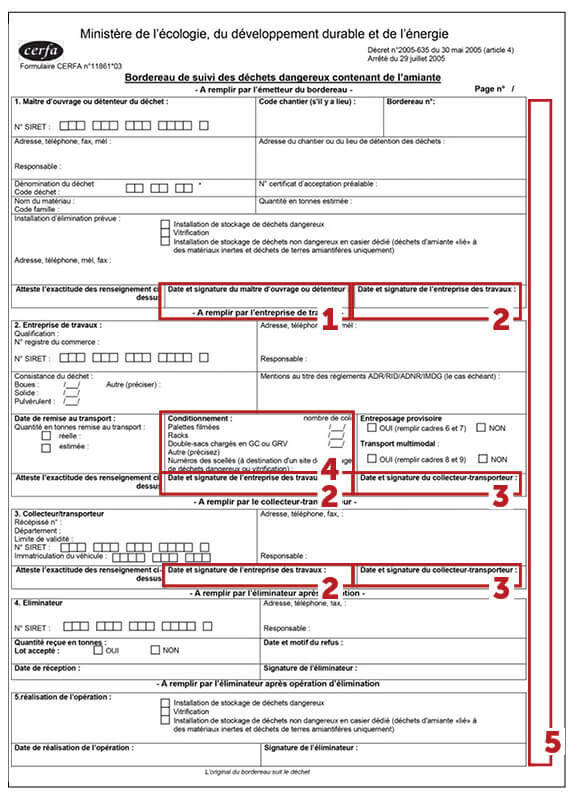 Bordereau de suivi des déchets dangereux contenant de l'amiante